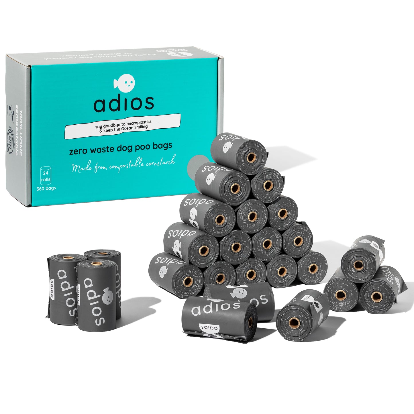 Adios Poo Bags GREY Bulk box of 24 rolls